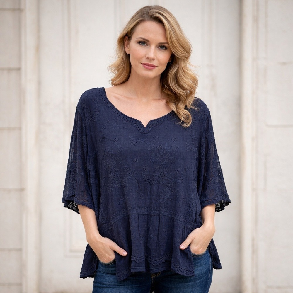 Cato Flowy Sheer Embroidered Sleeve Blouse With Tank Navy Blue Size 22/24 NWT